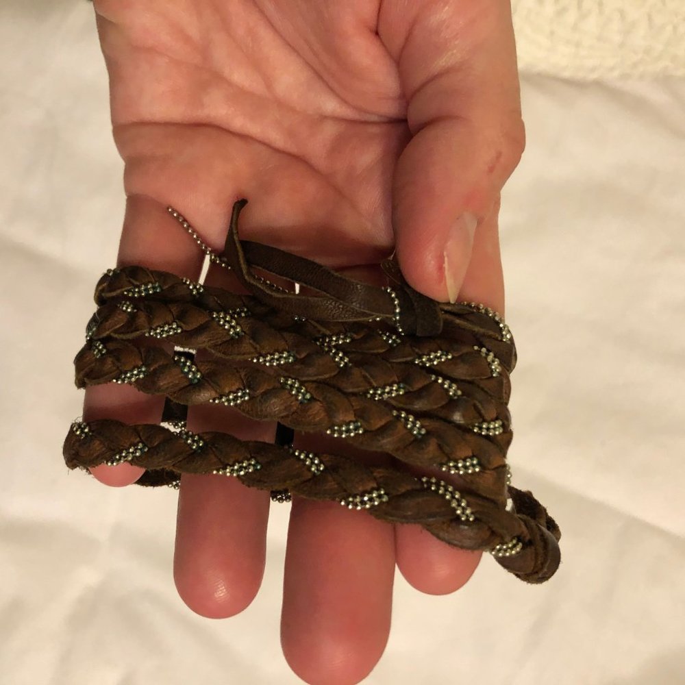 Y2K VTG Sogoli Brown Leather Braided Wrap Bracelet Necklace Gold Ball Chain Boho - Picture 11 of 16